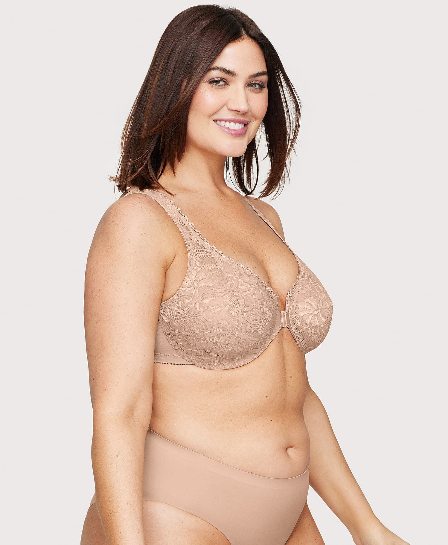 Front-Closure Stretch Lace WonderWire Bra Cafe | Ashley Stewart