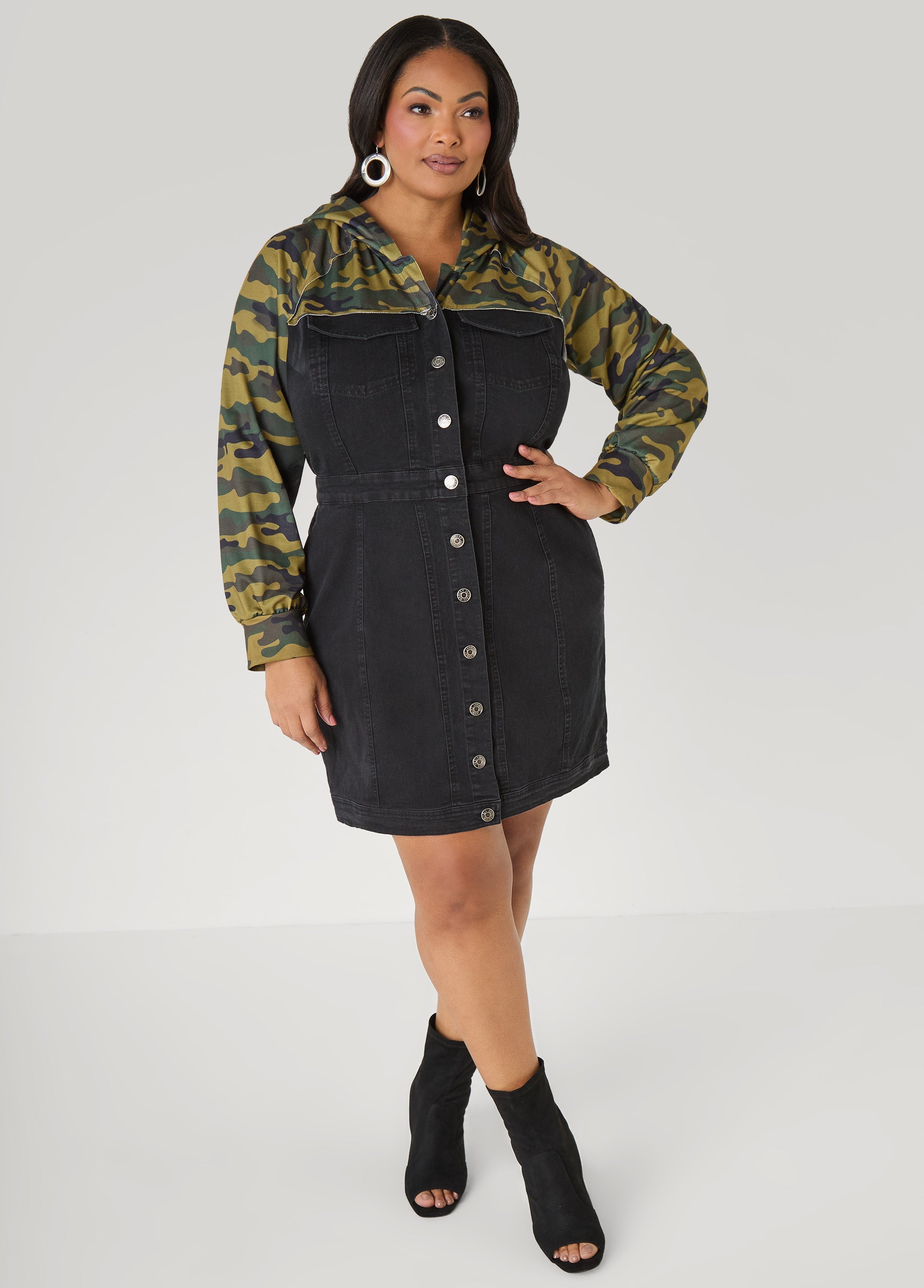 Camo Paneled Denim Bodycon Dress Black | Ashley Stewart