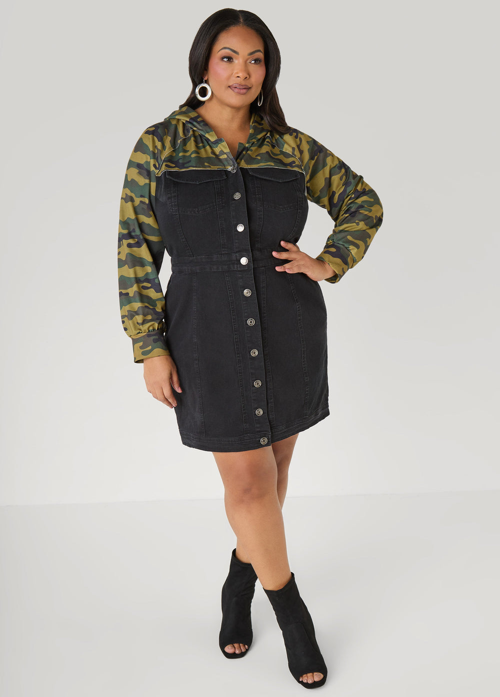 Camo Paneled Denim Bodycon Dress Black | Ashley Stewart