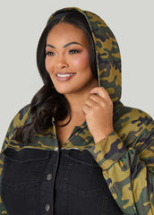 Camo Paneled Denim Bodycon Dress Black | Ashley Stewart
