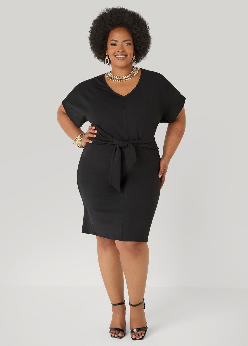 Textured Tie Front Dress Black | Ashley Stewart