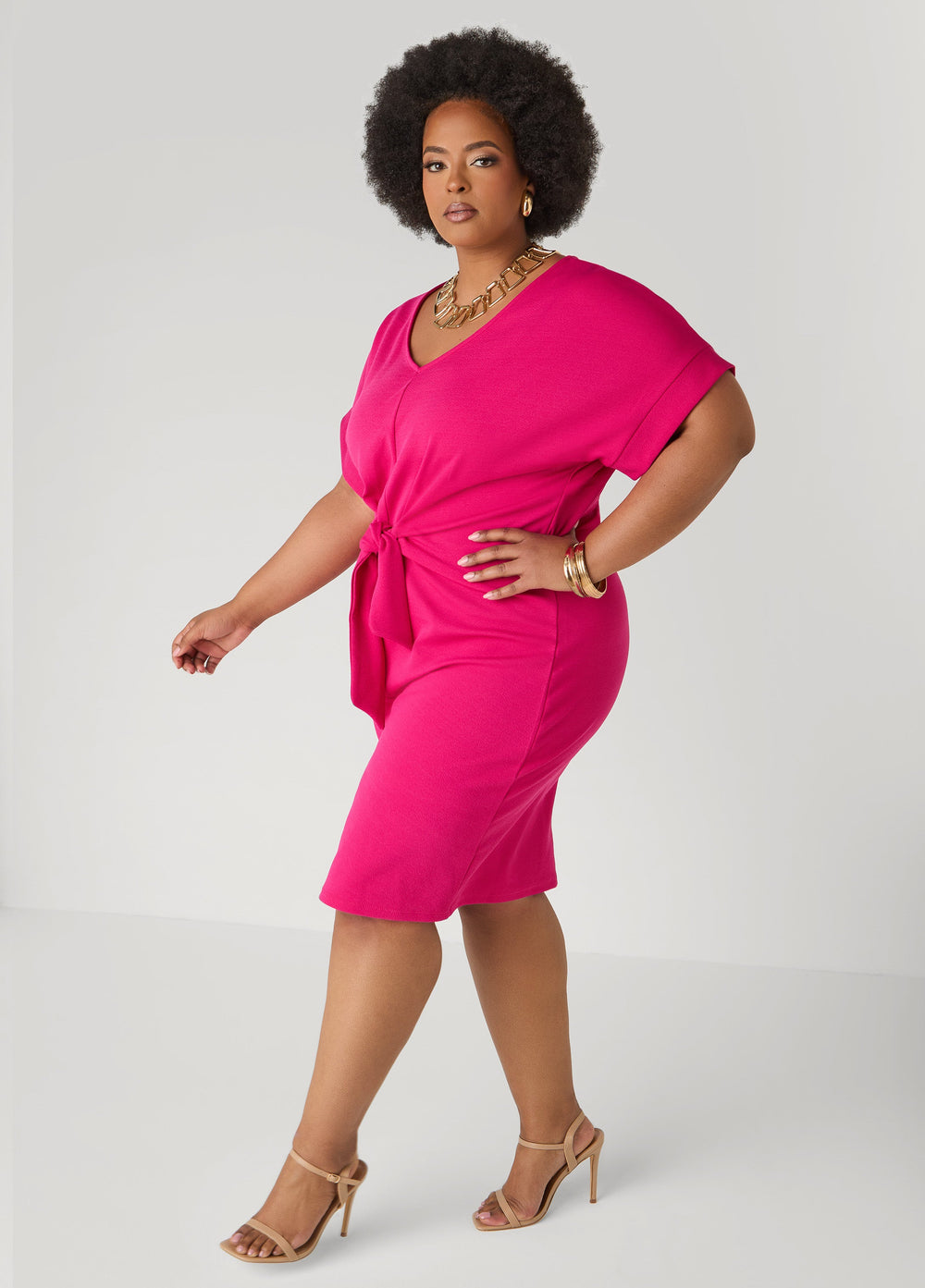Textured Tie Front Dress Black | Ashley Stewart