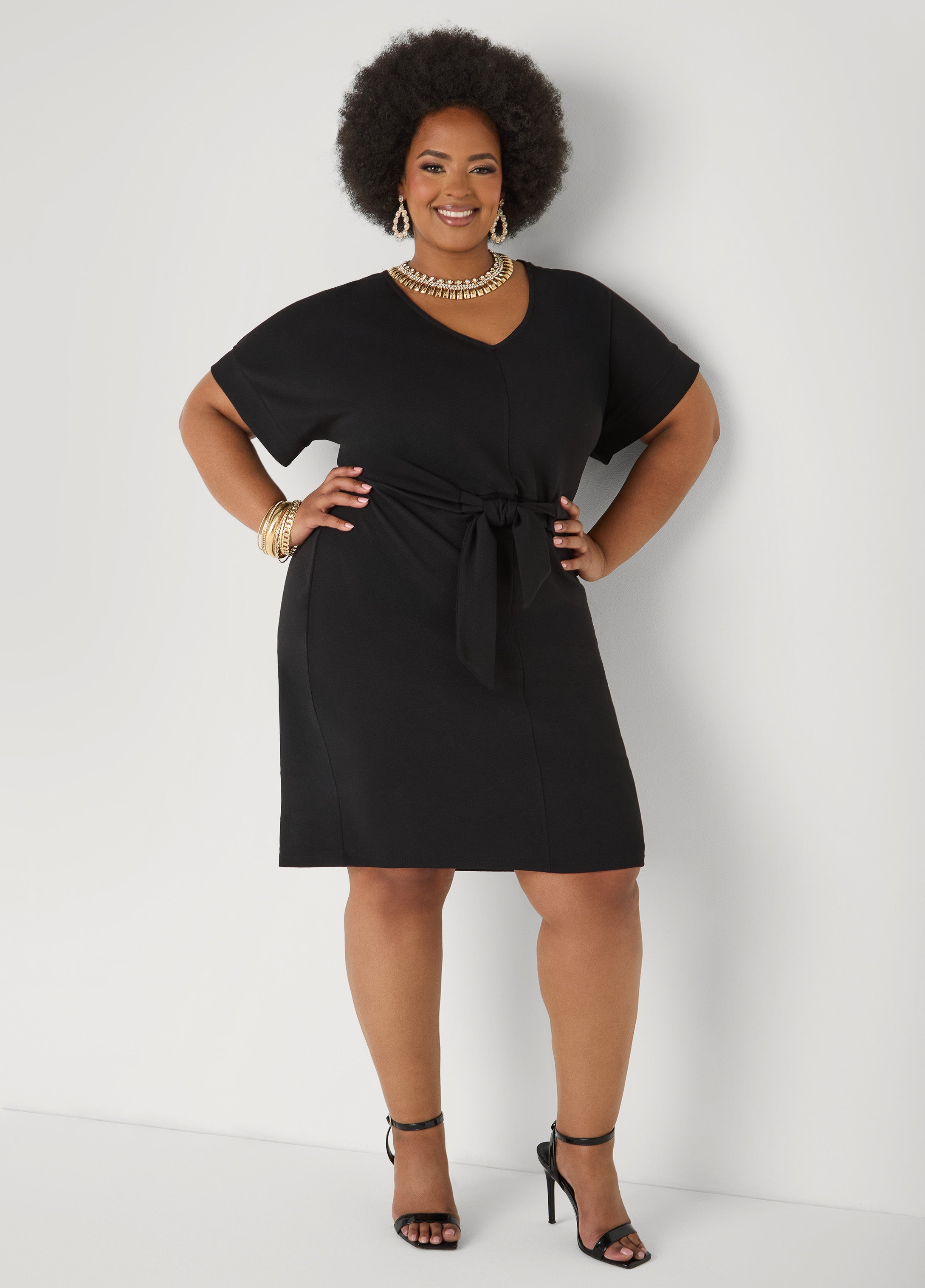 Textured Tie Front Dress Black | Ashley Stewart