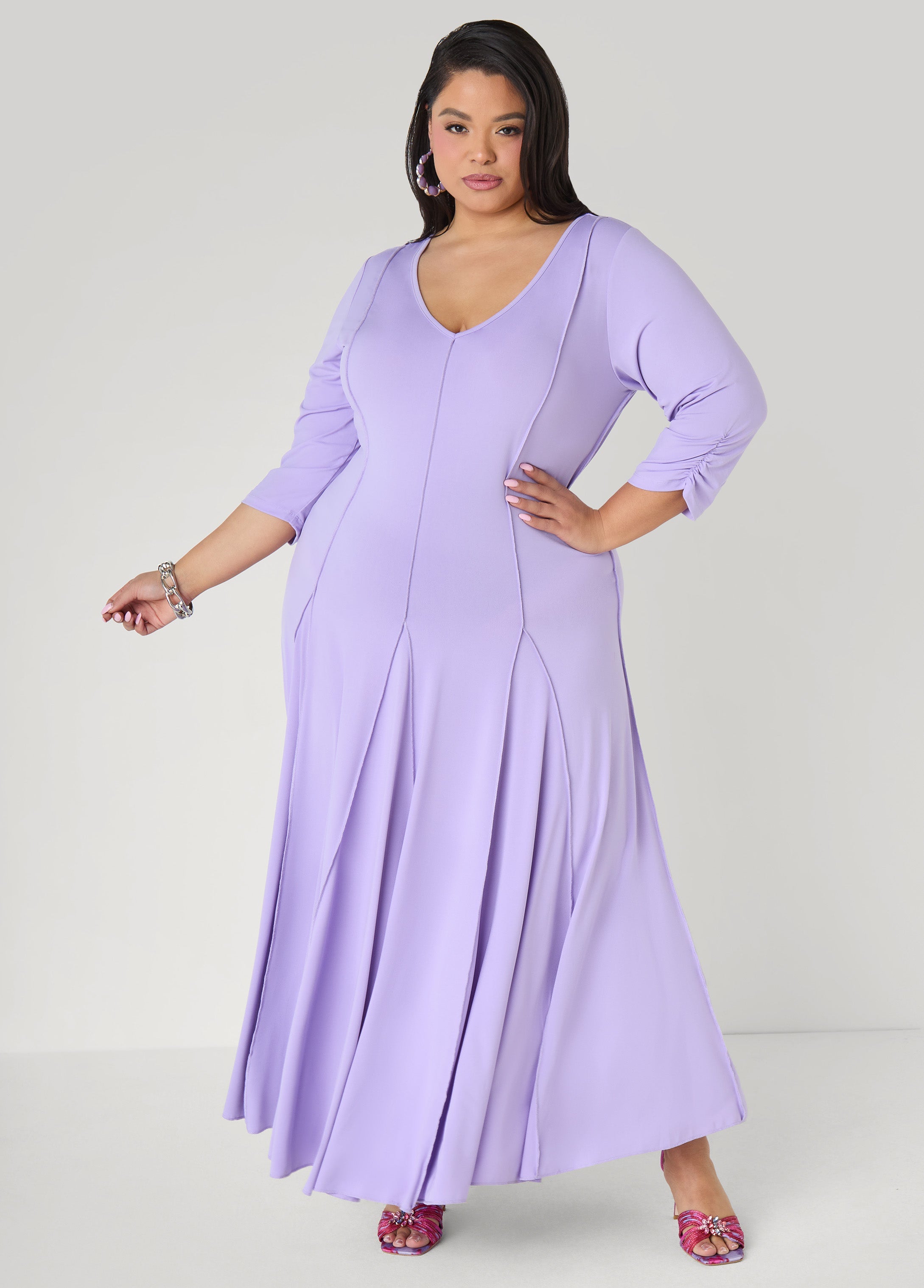 Ruched Sleeve Seamed Maxi Dress Black | Ashley Stewart