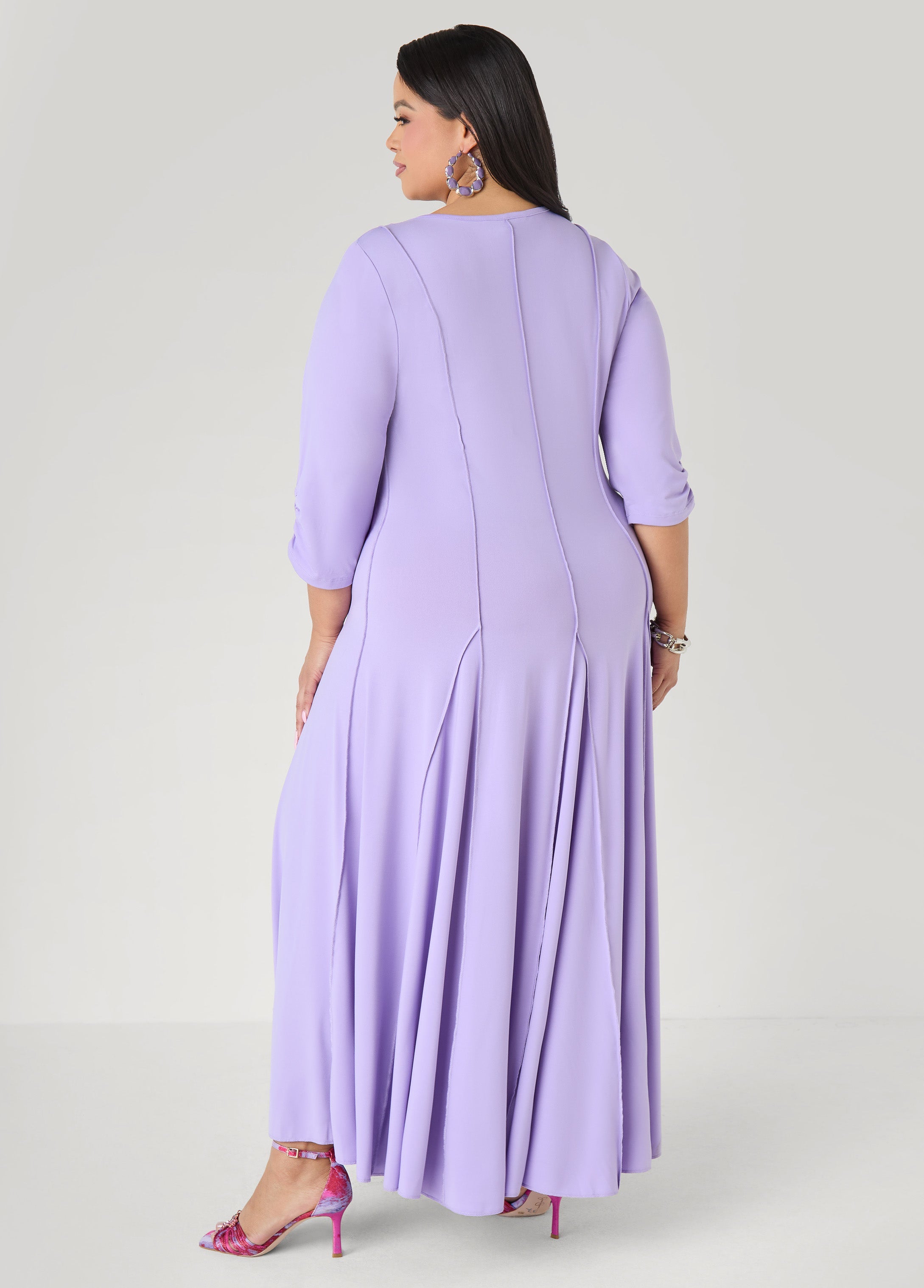 Ruched Sleeve Seamed Maxi Dress Black | Ashley Stewart