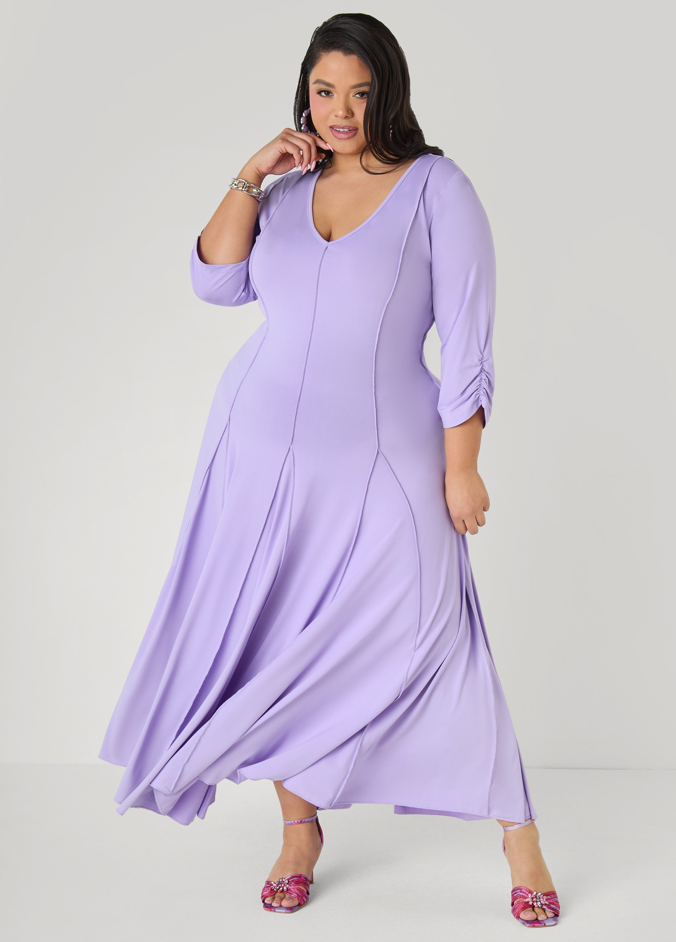 Ruched Sleeve Seamed Maxi Dress Black | Ashley Stewart