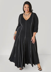 Ruched Sleeve Seamed Maxi Dress Black | Ashley Stewart