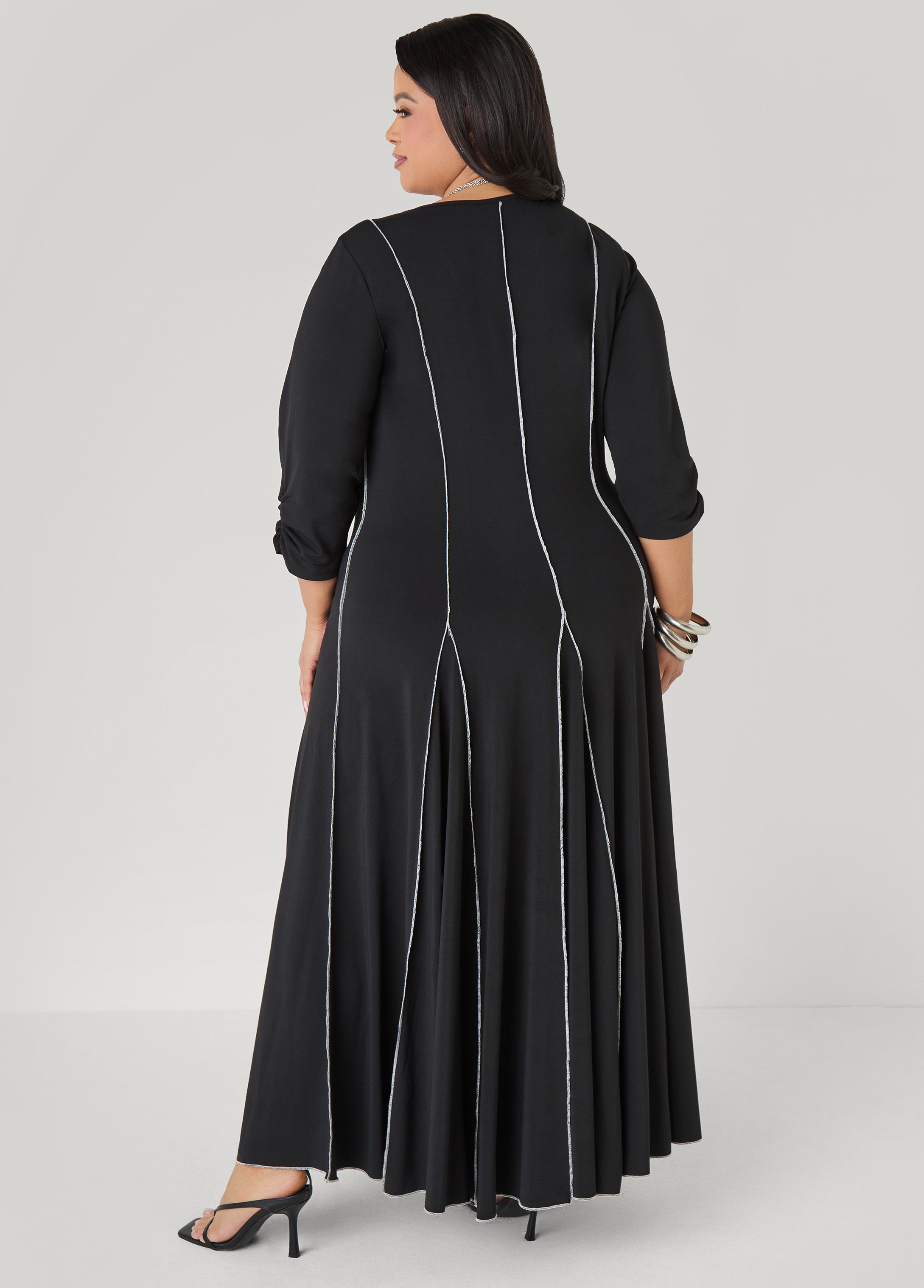 Ruched Sleeve Seamed Maxi Dress Black | Ashley Stewart