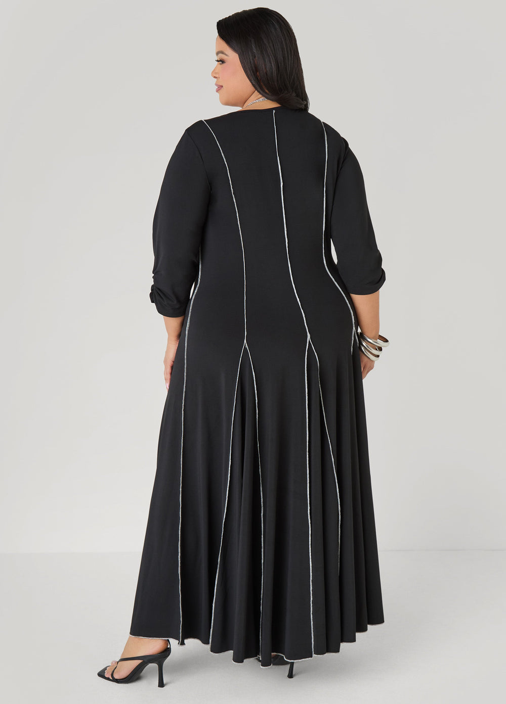 Ruched Sleeve Seamed Maxi Dress Black | Ashley Stewart