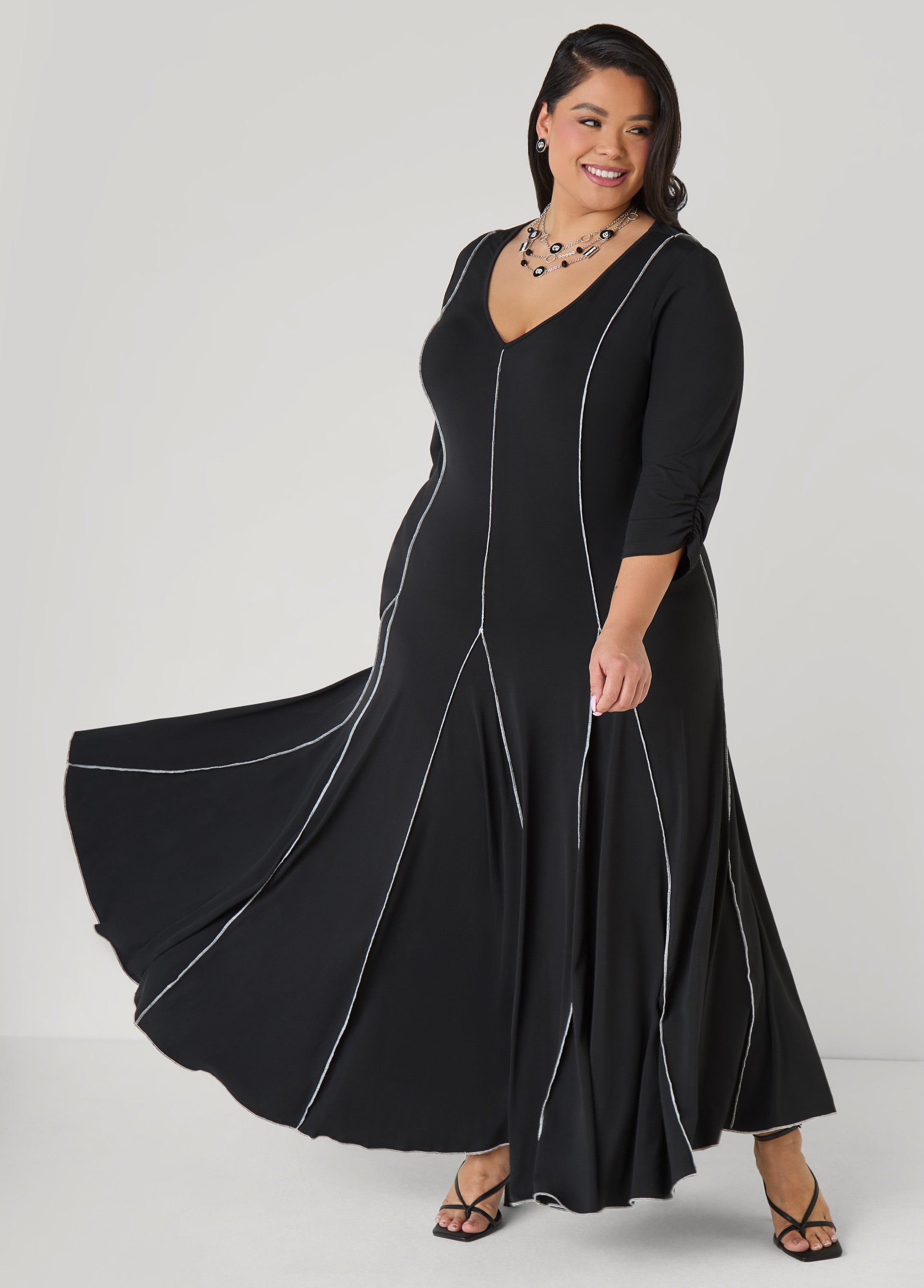 Ruched Sleeve Seamed Maxi Dress Black | Ashley Stewart