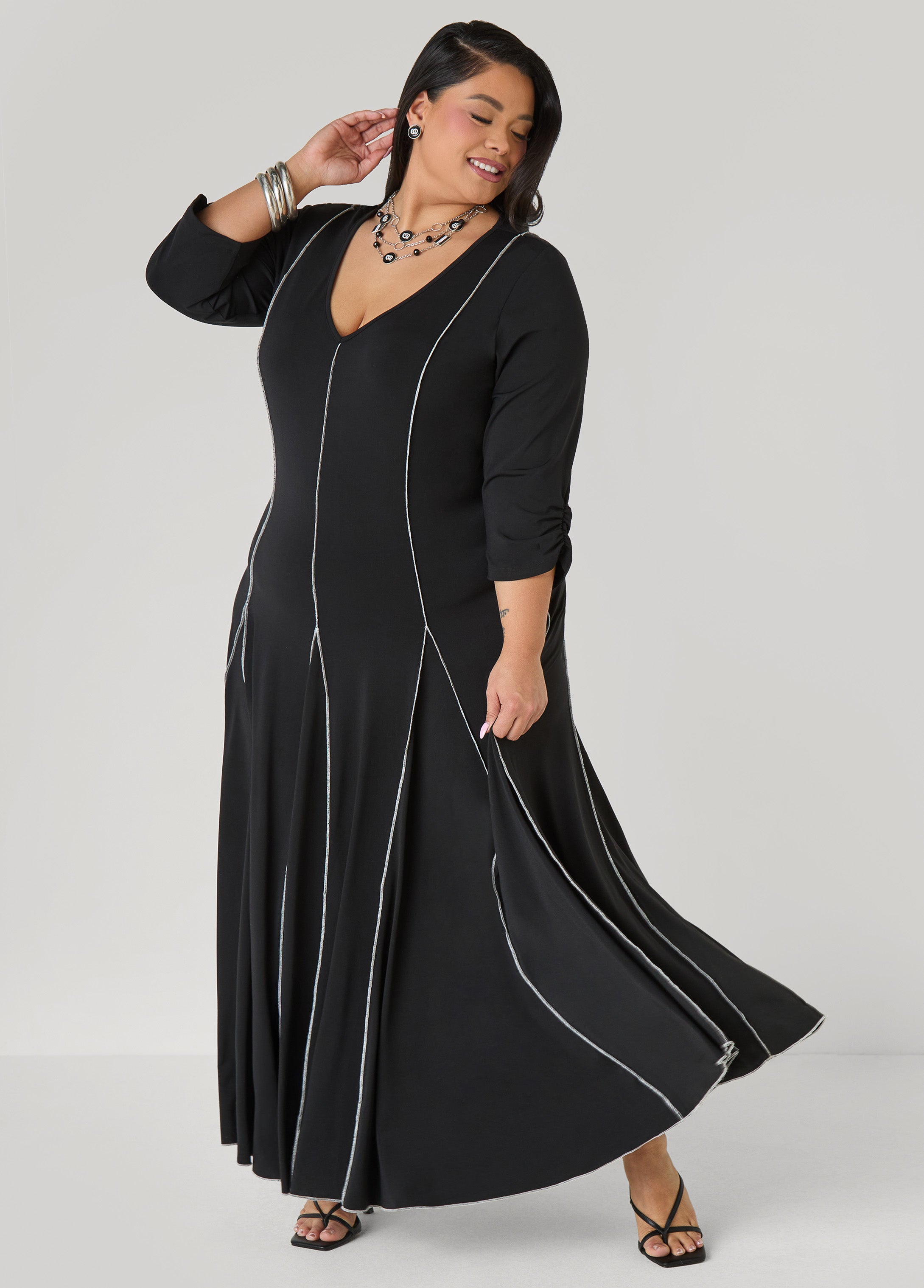 Ruched Sleeve Seamed Maxi Dress Black | Ashley Stewart