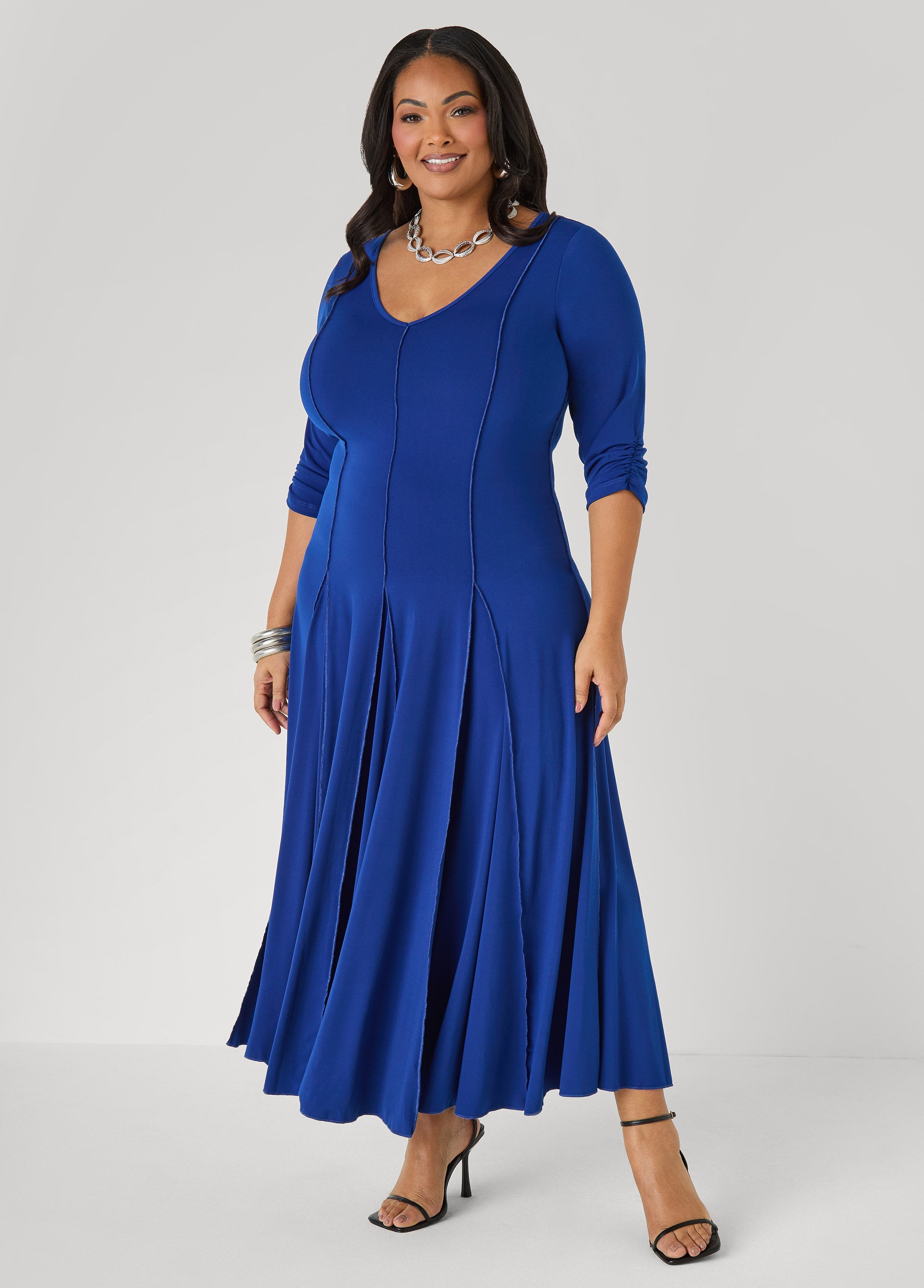 Ruched Sleeve Seamed Maxi Dress Black | Ashley Stewart