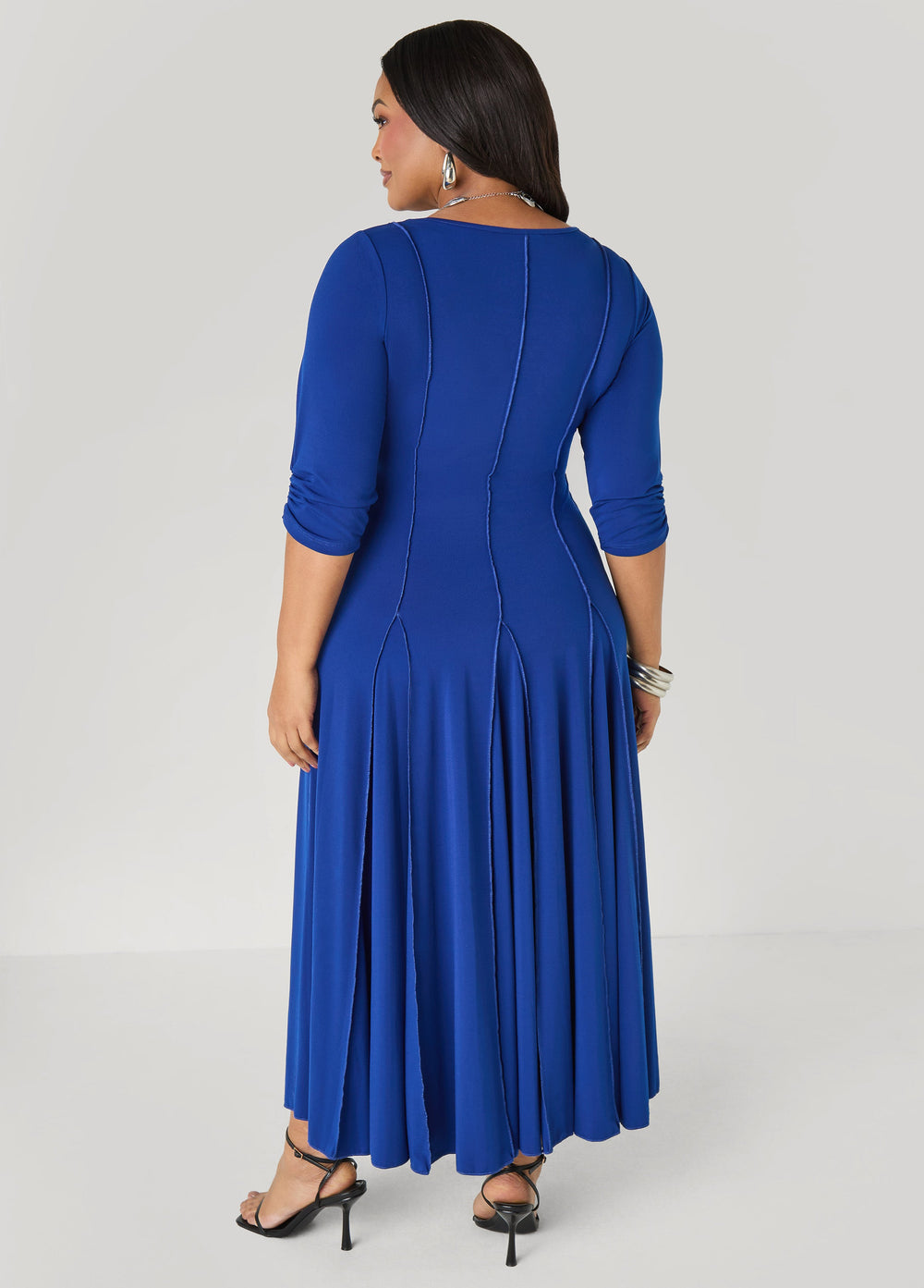Ruched Sleeve Seamed Maxi Dress Black | Ashley Stewart