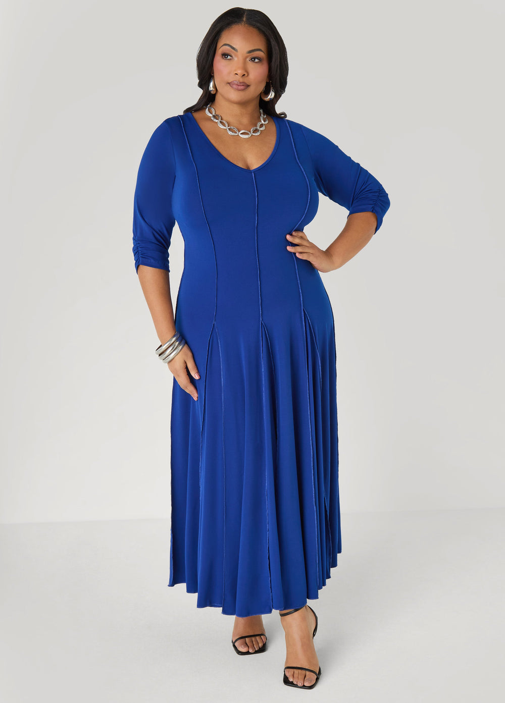 Ruched Sleeve Seamed Maxi Dress Black | Ashley Stewart