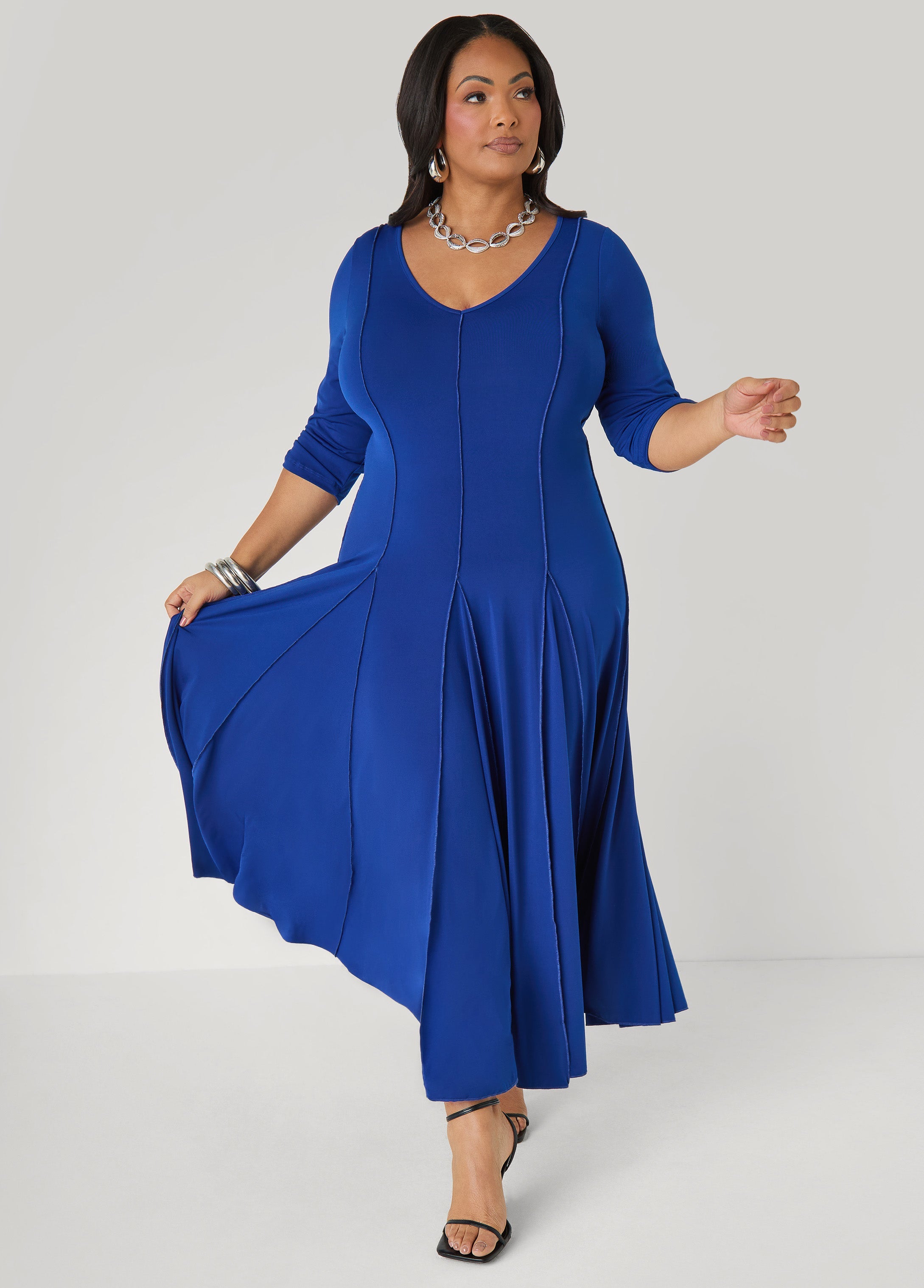 Ruched Sleeve Seamed Maxi Dress Black | Ashley Stewart