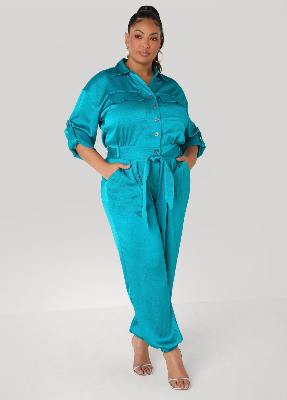 Hammered Satin Joggers Jumpsuit Copper | Ashley Stewart