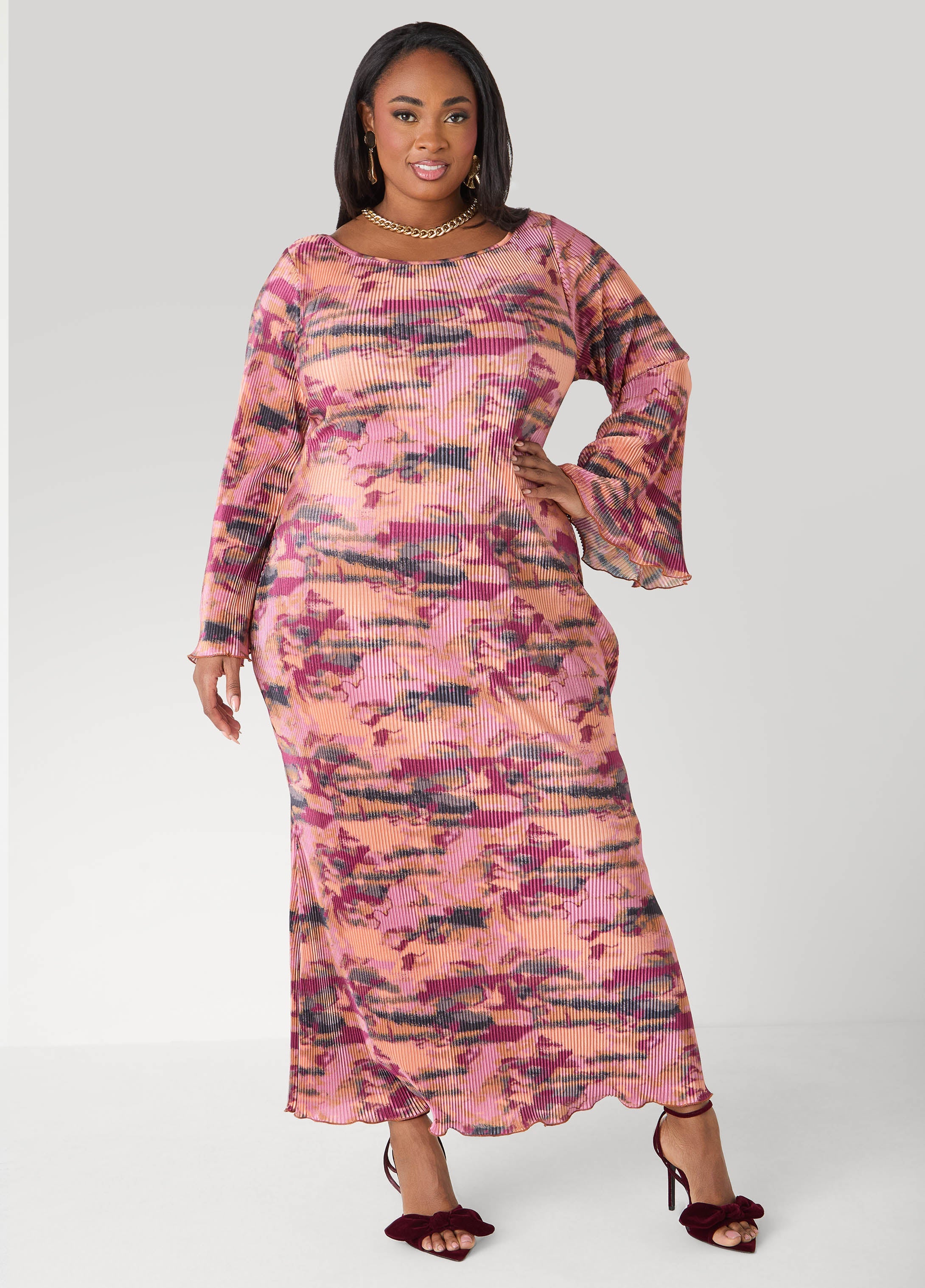 Plisse Printed Maxi Dress Foxglove | Ashley Stewart