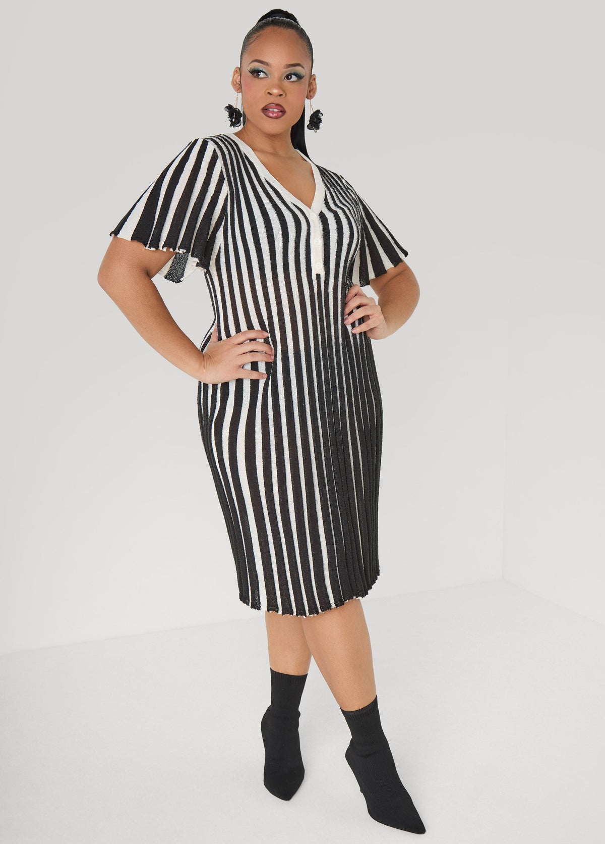 Striped A Line Sweater Dress Black Combo | Ashley Stewart
