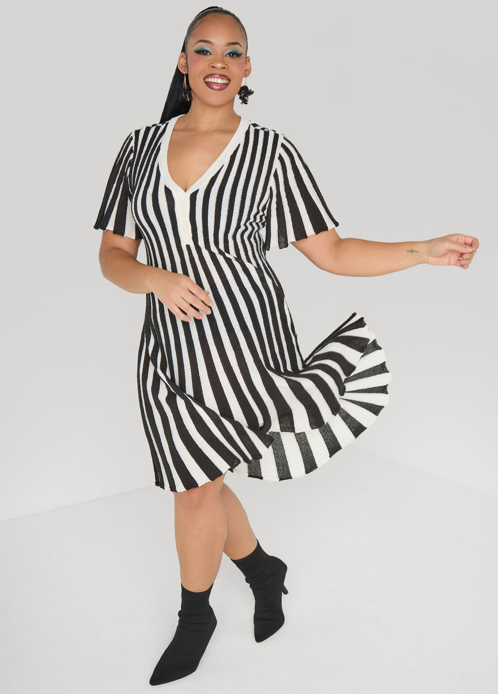 Striped A Line Sweater Dress Black Combo | Ashley Stewart