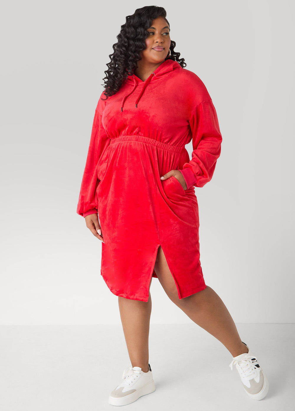 Hooded Velour Dress Barbados Cherry | Ashley Stewart