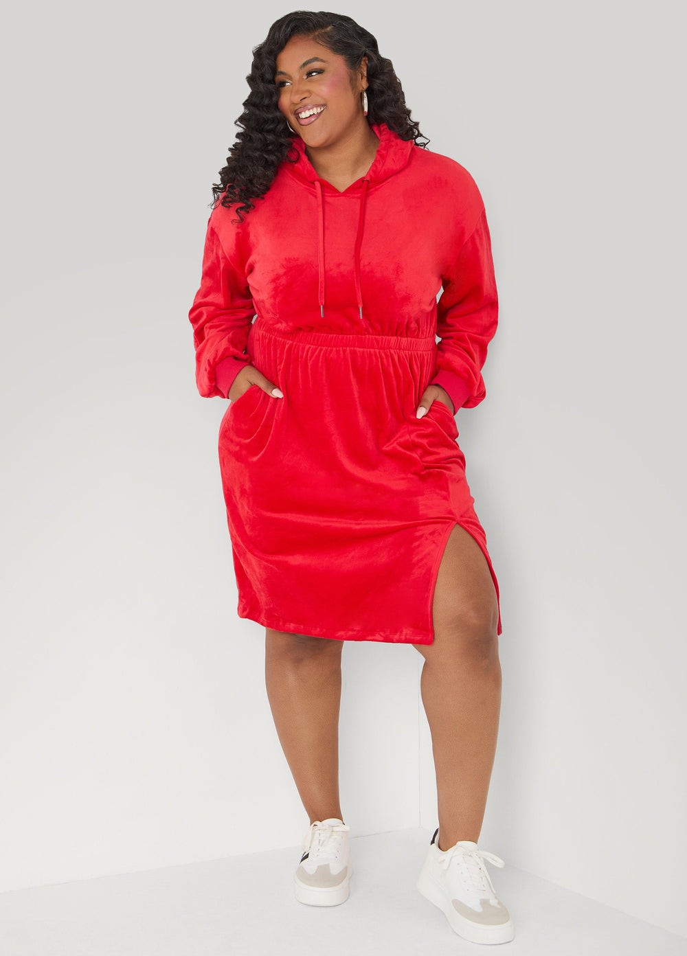 Hooded Velour Dress Barbados Cherry | Ashley Stewart