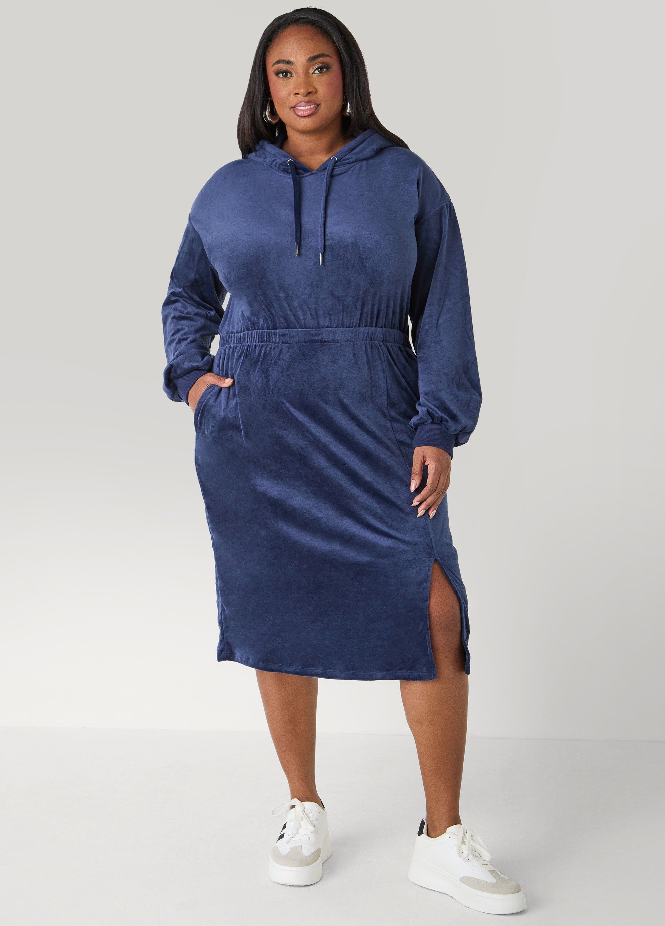 Hooded Velour Dress Barbados Cherry | Ashley Stewart