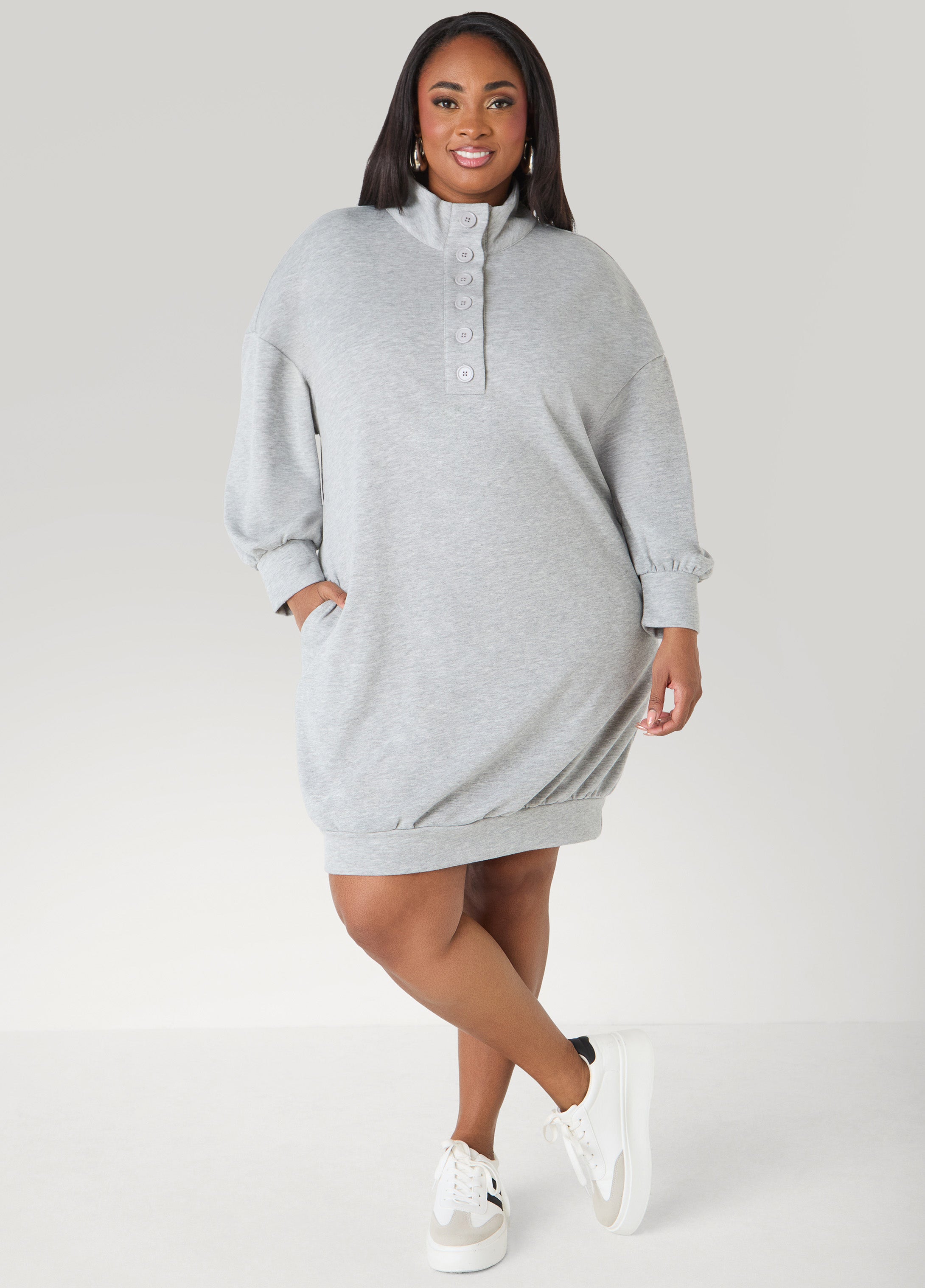 Button Front Sweatshirt Dress Heather Grey | Ashley Stewart