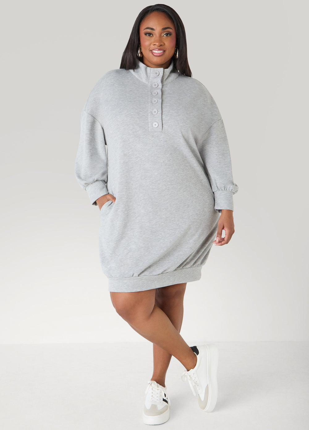 Button Front Sweatshirt Dress Heather Grey | Ashley Stewart