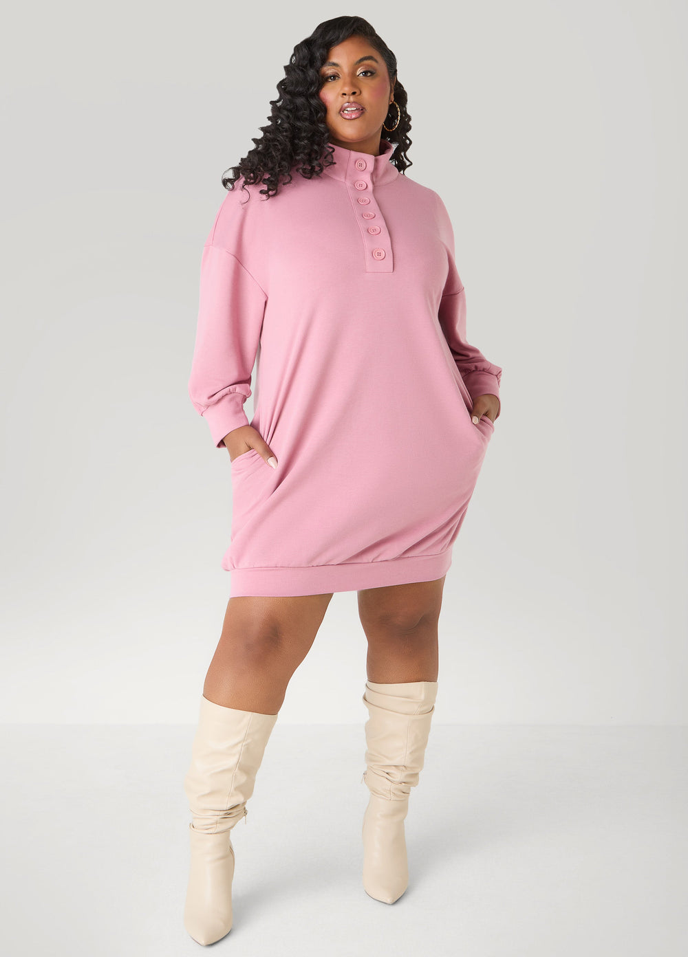Button Front Sweatshirt Dress Heather Grey | Ashley Stewart