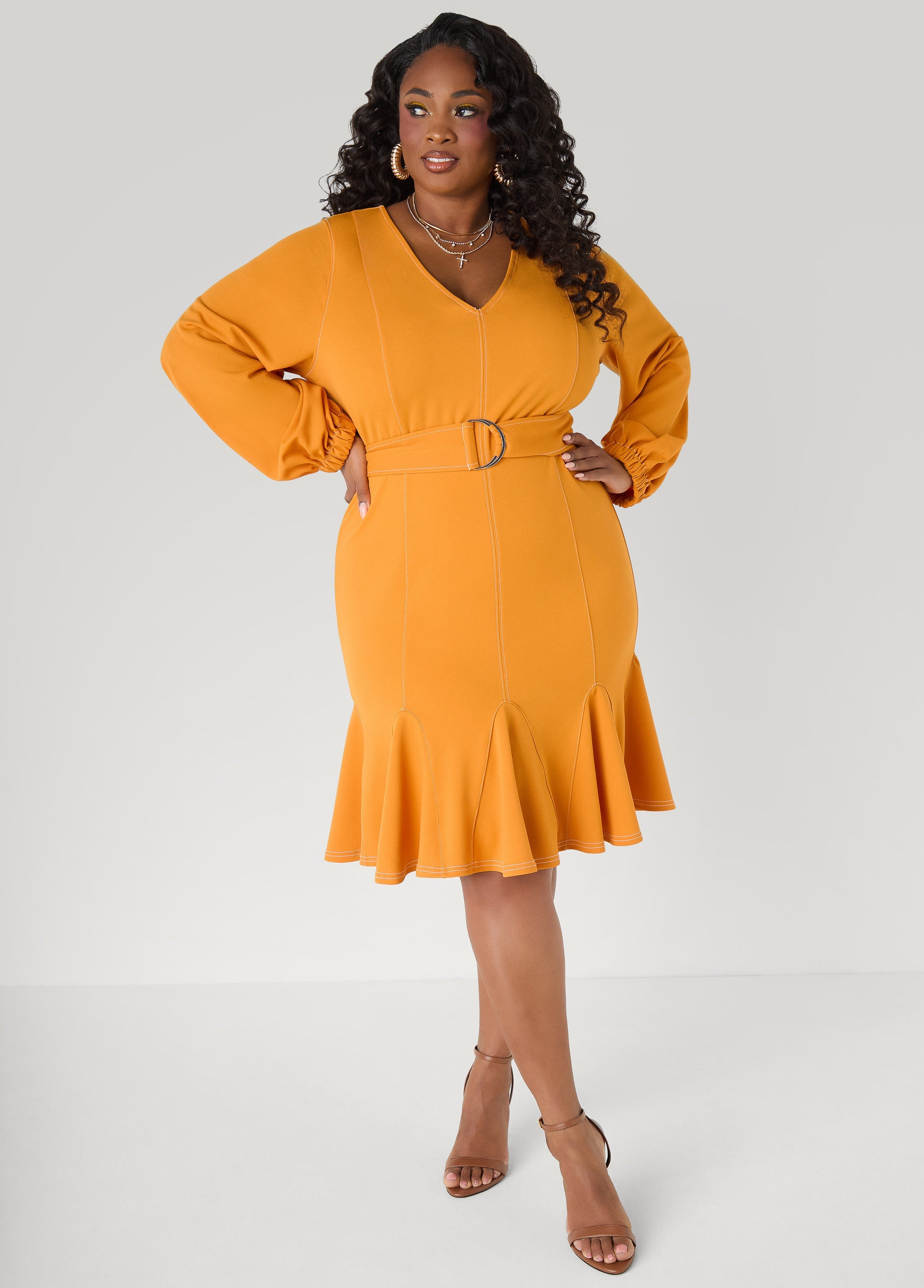 Flounced Seam Detailed Dress Desert Sun | Ashley Stewart