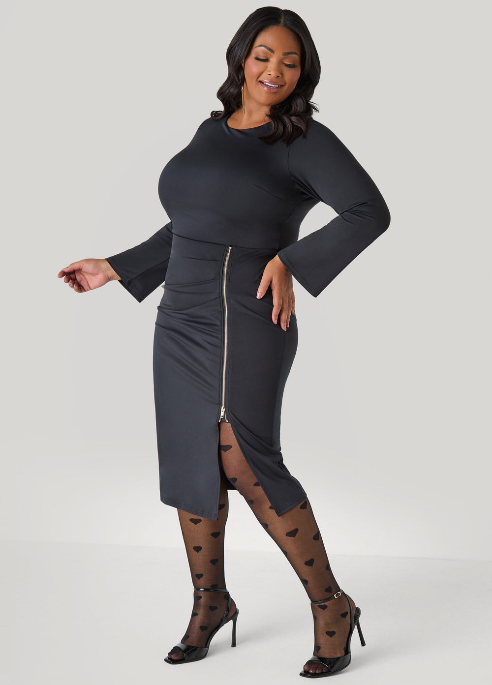 Zip Detailed Bodycon Midi Dress Black | Ashley Stewart