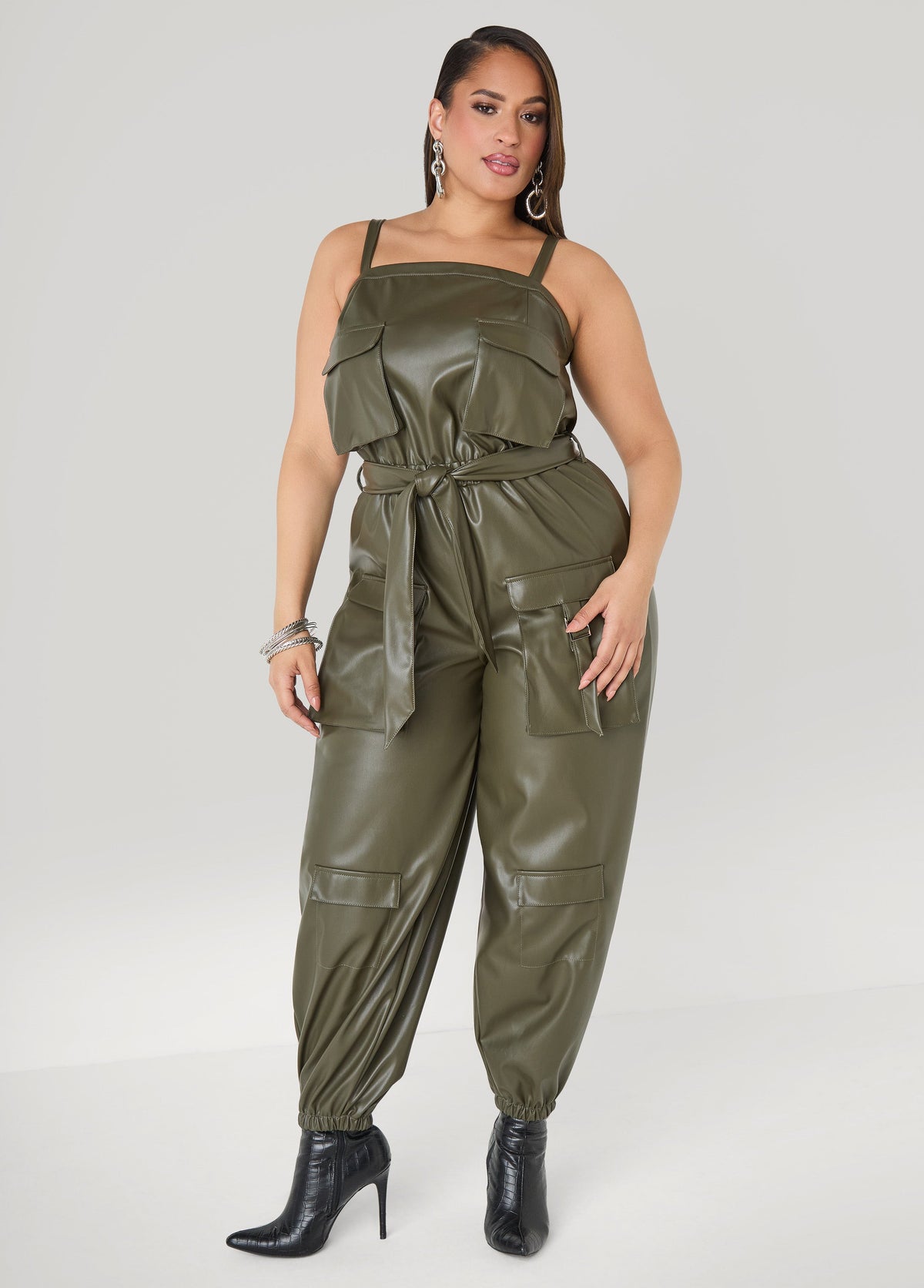 Faux Leather Joggers Jumpsuit Olive Night | Ashley Stewart