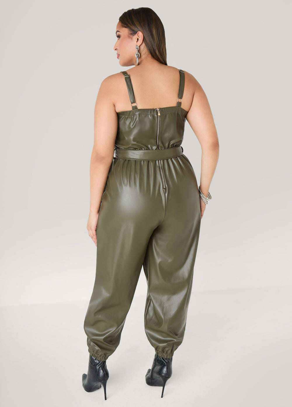Faux Leather Joggers Jumpsuit Olive Night | Ashley Stewart