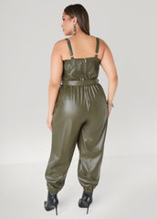Faux Leather Joggers Jumpsuit Olive Night | Ashley Stewart