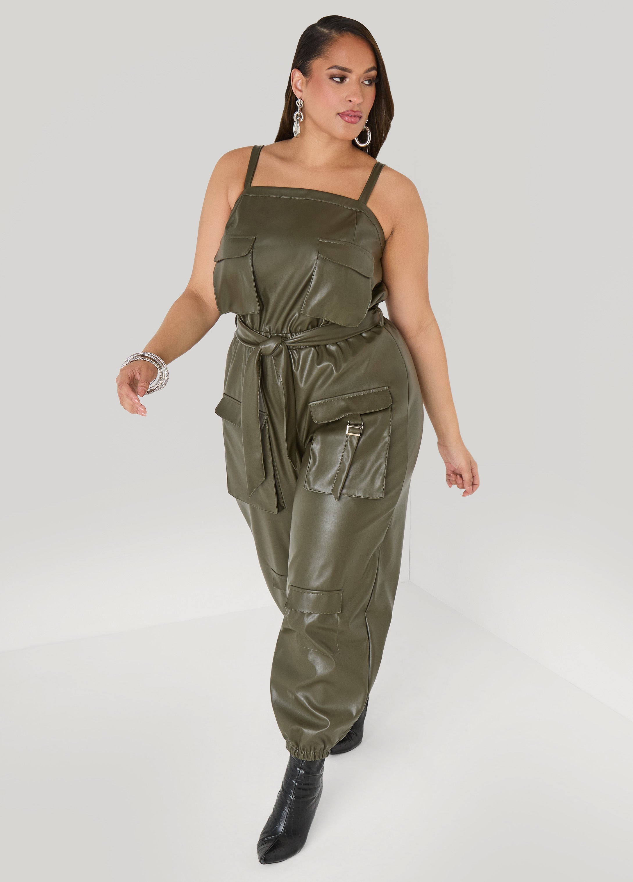 Faux Leather Joggers Jumpsuit Olive Night | Ashley Stewart