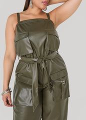 Faux Leather Joggers Jumpsuit Olive Night | Ashley Stewart