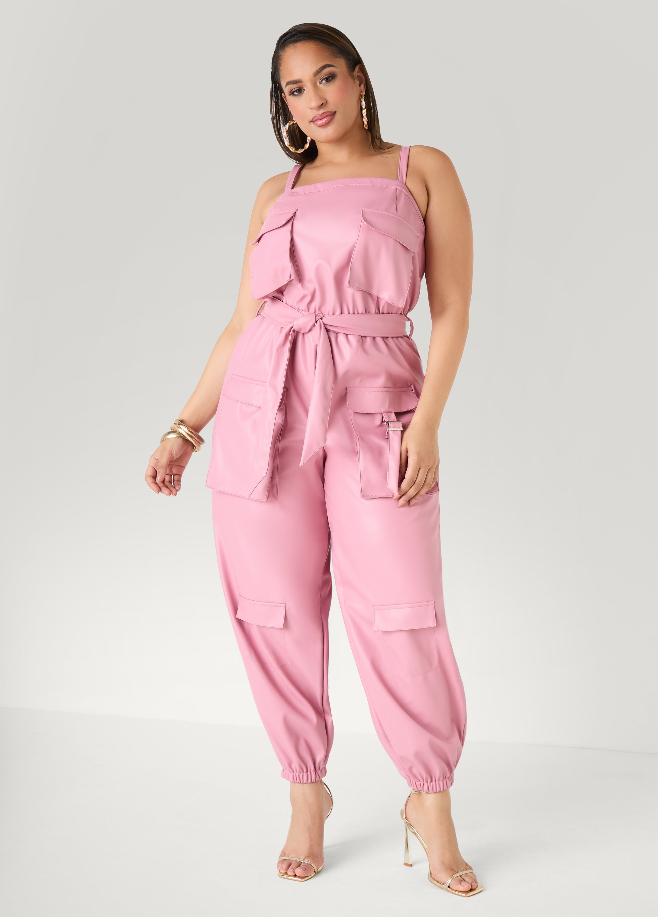 Faux Leather Joggers Jumpsuit Olive Night | Ashley Stewart
