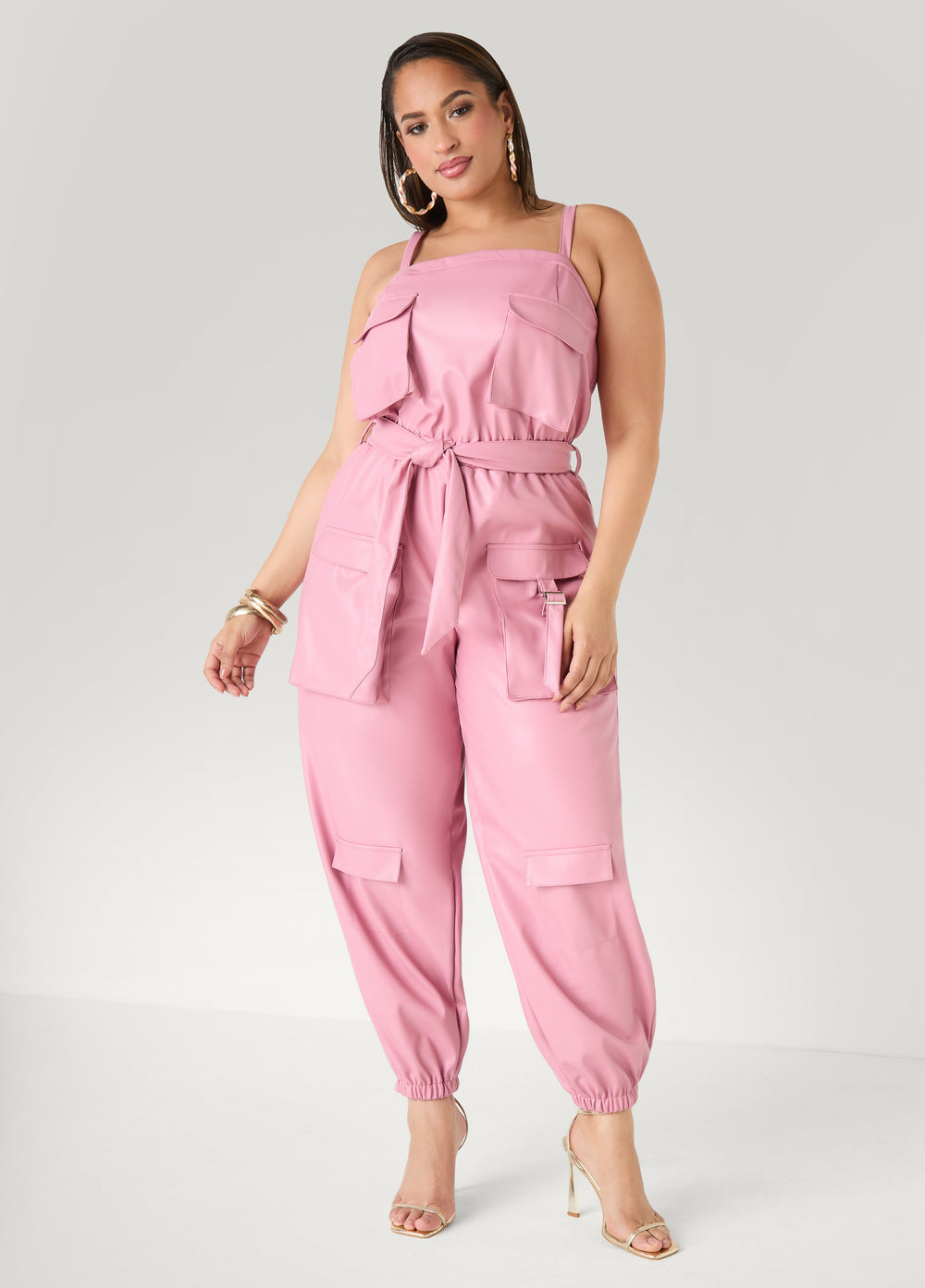 Faux Leather Joggers Jumpsuit Olive Night | Ashley Stewart