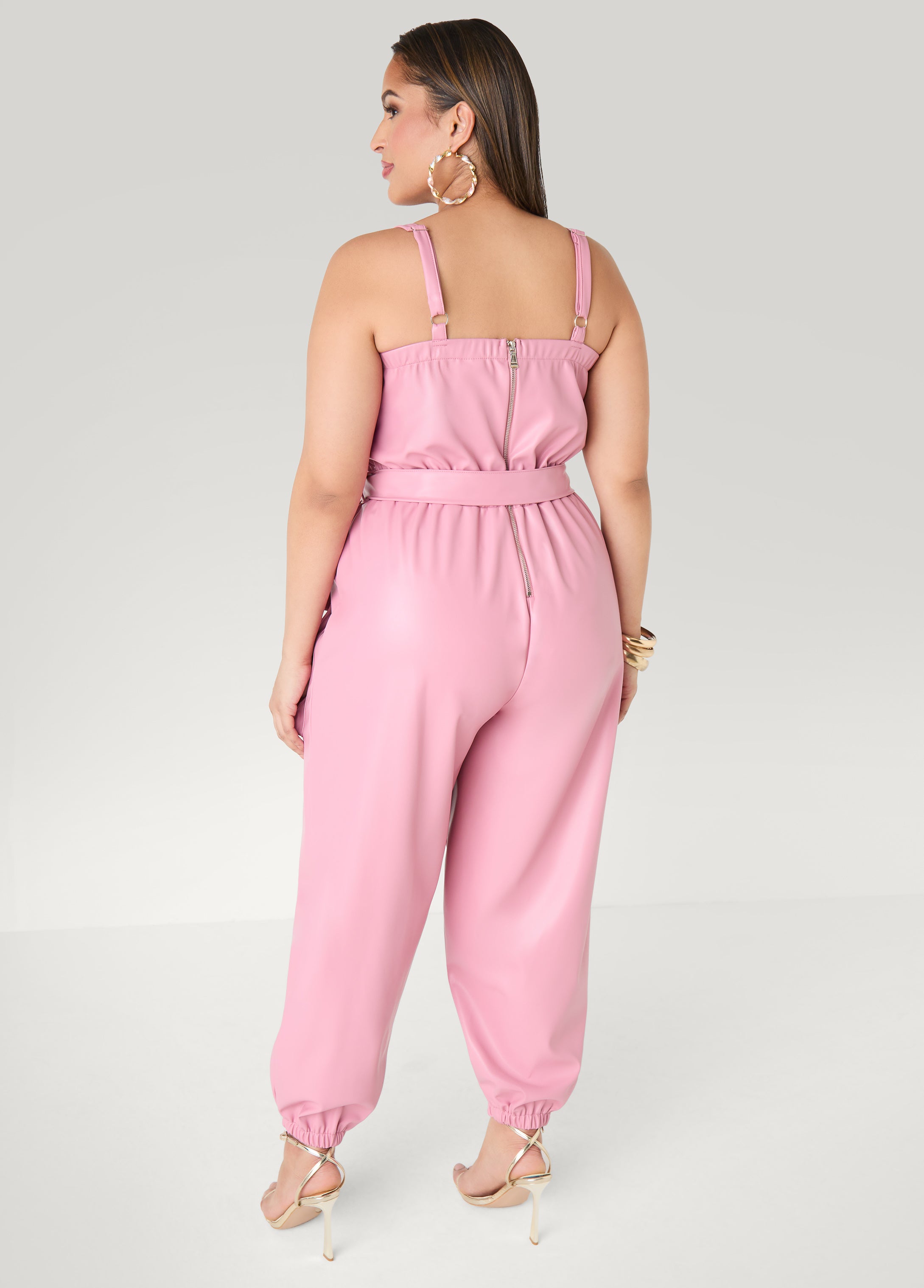 Faux Leather Joggers Jumpsuit Olive Night | Ashley Stewart
