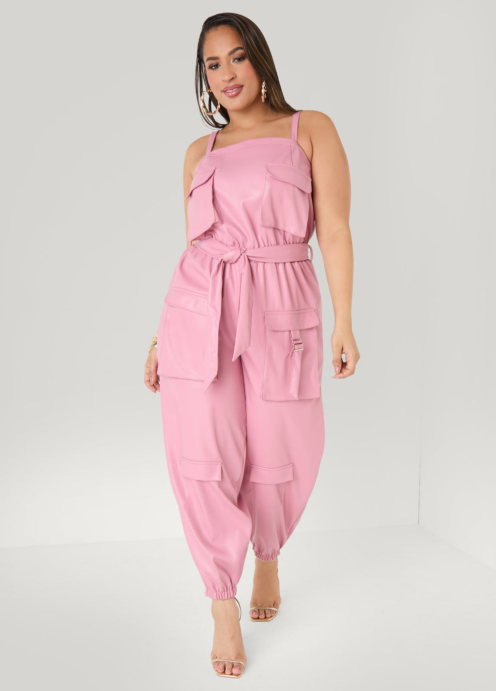 Faux Leather Joggers Jumpsuit Olive Night | Ashley Stewart