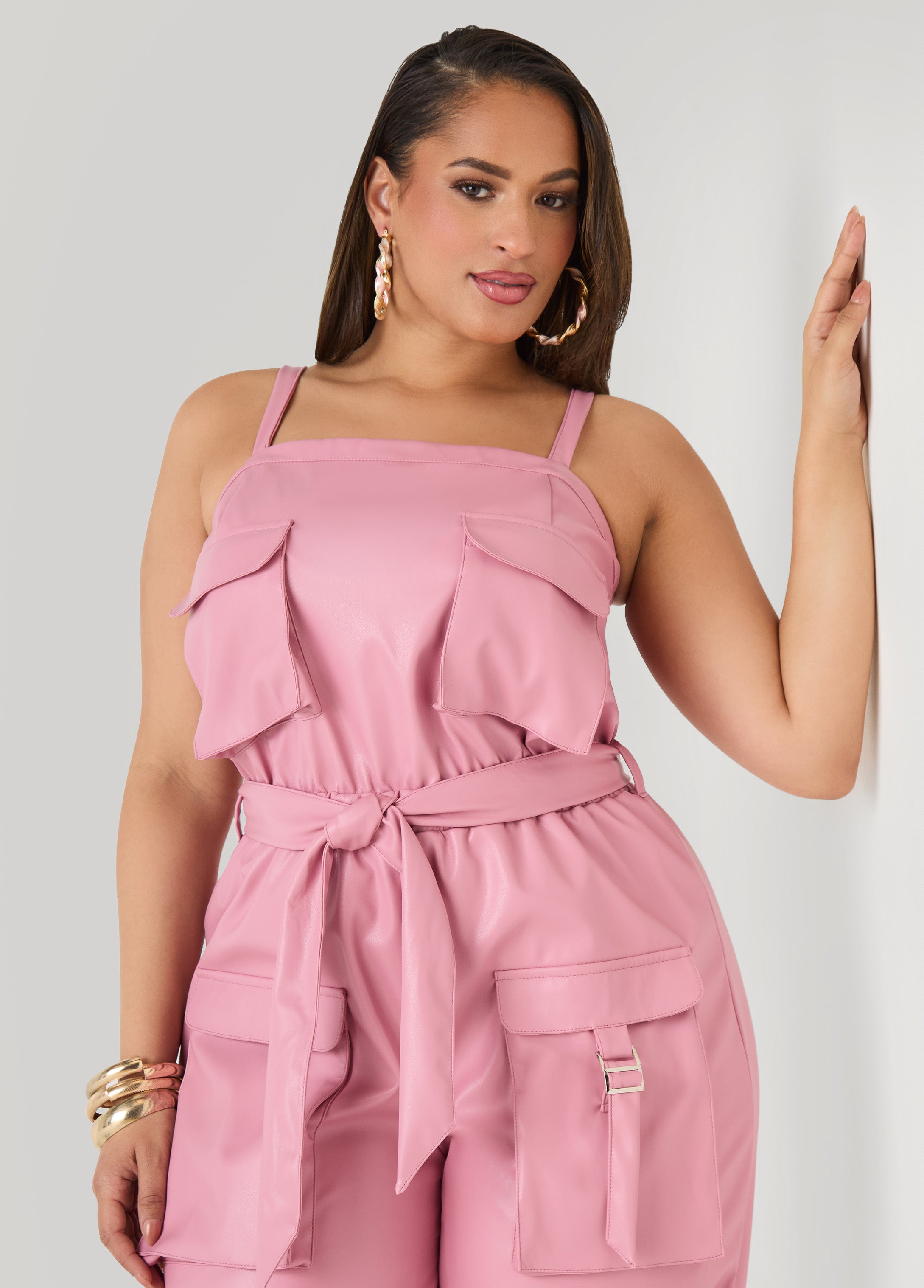 Faux Leather Joggers Jumpsuit Olive Night | Ashley Stewart