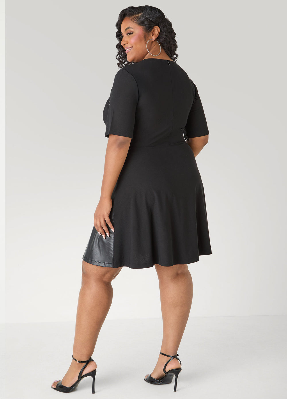 Studded Faux Leather Paneled Dress Black | Ashley Stewart
