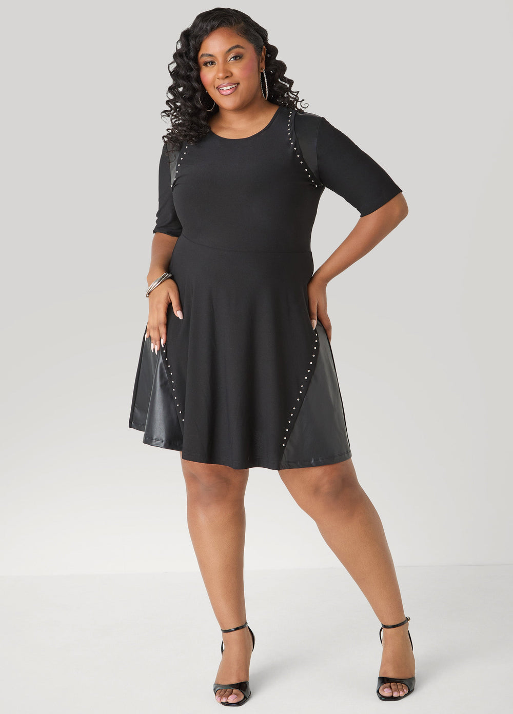 Studded Faux Leather Paneled Dress Black | Ashley Stewart