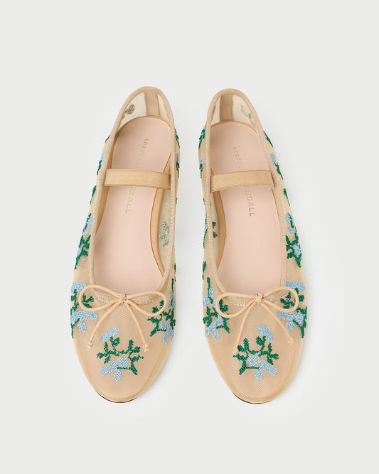 Loeffler Randall Leonie Caramel/Blue Embroidered Ballet Flat
